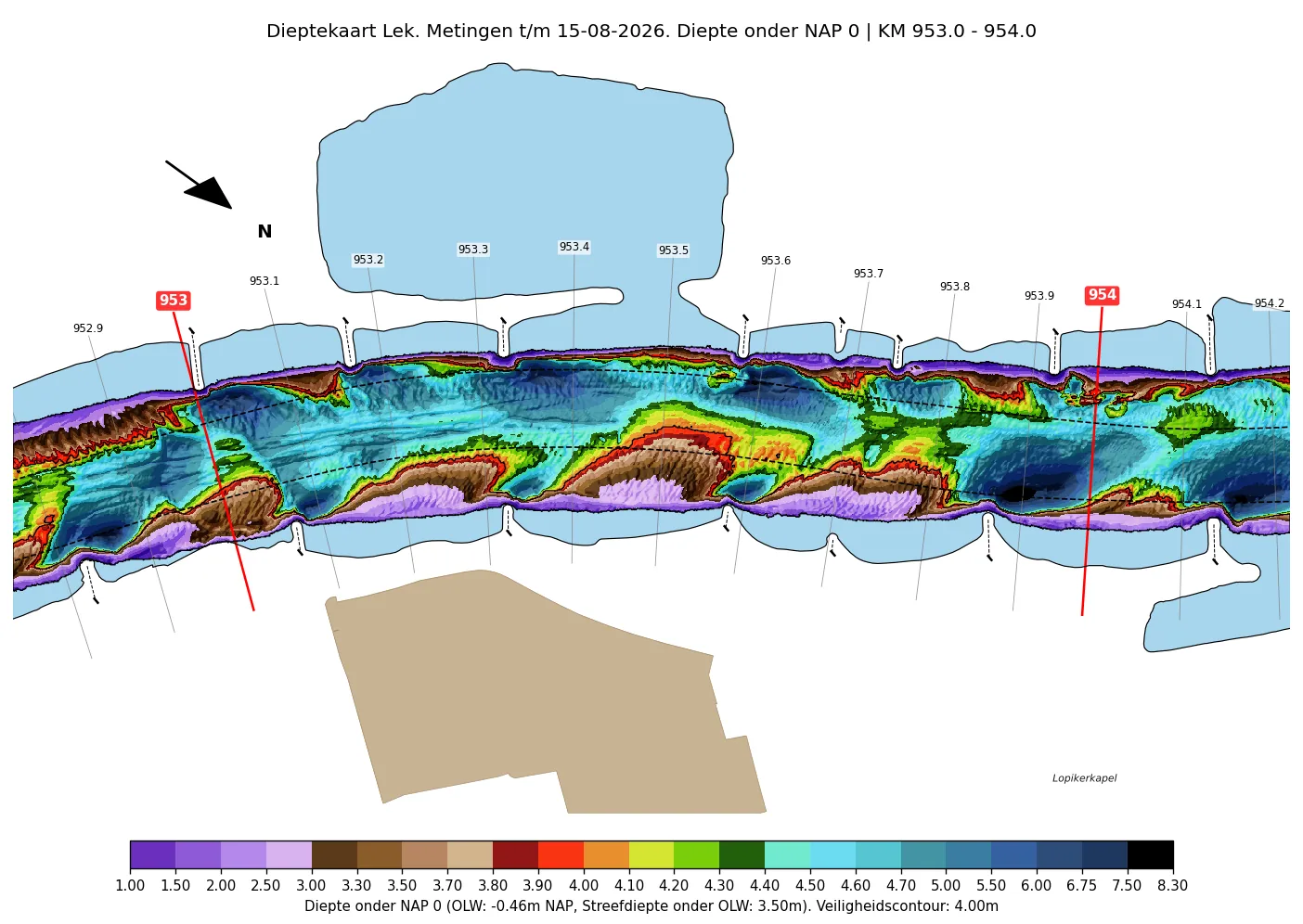 Tiefenkarte Lek km 953-954 mit der Untiefe bei Klaphek