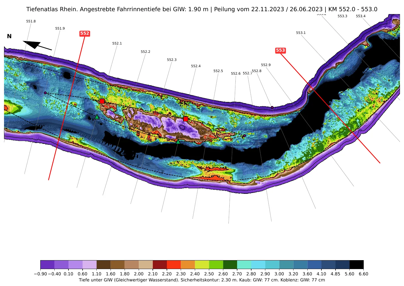 Tiefenatlas Rhein km 552-553 mit Kammereck- und Geisenrückenfahrwasser